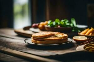 a sandwich and some chips on a wooden table. AI-Generated photo