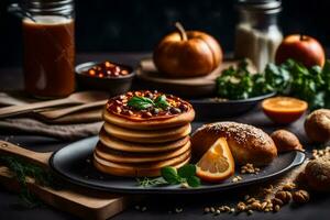 pancakes with orange and pumpkin on a black plate. AI-Generated photo