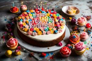 un cumpleaños pastel con vistoso Crema y velas generado por ai foto
