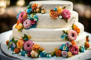 a three tiered cake with colorful flowers on top. AI-Generated photo