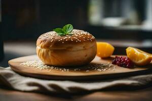 a bread bun with sesame seeds and berries on a wooden board. AI-Generated photo