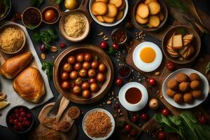 un variedad de comida en un mesa. generado por ai foto