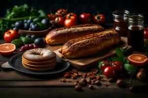 foods on a wooden table with bread, nuts and vegetables. AI-Generated photo