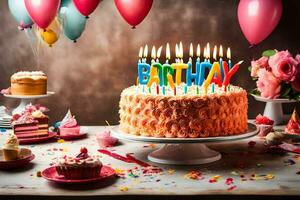 a birthday cake with candles and balloons. AI-Generated photo