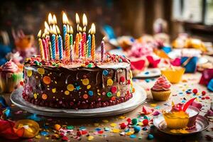 a birthday cake with candles on top. AI-Generated photo