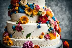 a wedding cake with colorful flowers on top. AI-Generated photo