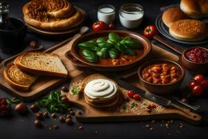 various foods including bread, tomatoes, and cheese on a table. AI-Generated photo