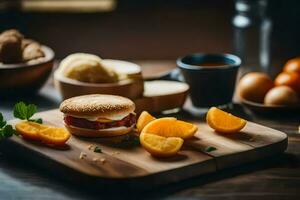 a breakfast sandwich on a wooden cutting board. AI-Generated photo