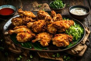 fried chicken wings on a plate with sauce and green onions. AI-Generated photo