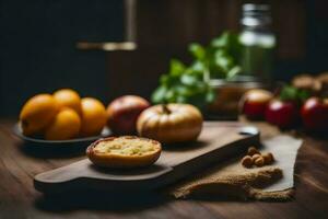 a wooden cutting board with apples, oranges and other fruits. AI-Generated photo