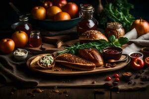 a wooden table with sandwiches, apples, and other food. AI-Generated photo