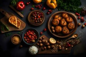 various types of food on a dark background. AI-Generated photo