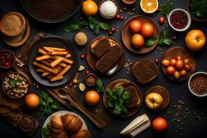 various foods and ingredients are arranged on a table. AI-Generated photo