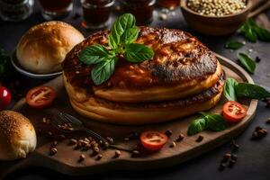 horneado un pan con Tomates y hierbas en un de madera corte tablero. generado por ai foto