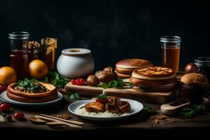 un mesa con comida y bebidas en él. generado por ai foto