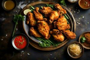 fried chicken with sauce and vegetables on a dark table. AI-Generated photo