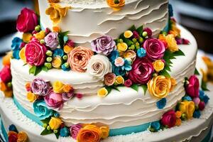 a wedding cake with colorful flowers on top. AI-Generated photo