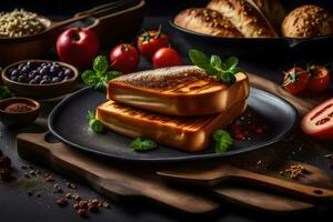 grilled cheese sandwich on a black plate with bread, tomatoes, and other ingredients. AI-Generated photo