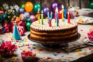un cumpleaños pastel con velas en eso y globos generado por ai foto