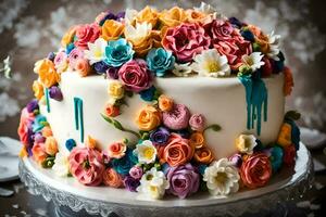 a cake decorated with colorful flowers. AI-Generated photo