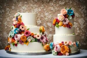 three wedding cakes with colorful flowers on top. AI-Generated photo