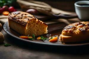 bread and vegetables on a wooden table. AI-Generated photo