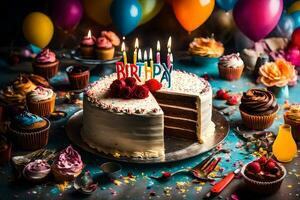 a birthday cake with candles and balloons on a table. AI-Generated photo