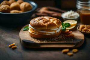 a sandwich with cheese and bread on a wooden board. AI-Generated photo