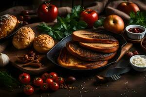 foods on a wooden table. AI-Generated photo