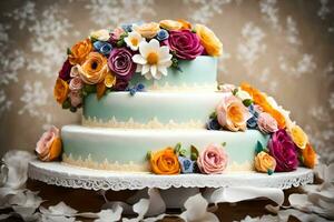 a three tiered cake with colorful flowers on top. AI-Generated photo