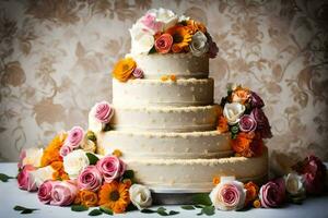 a wedding cake with orange and pink flowers. AI-Generated photo