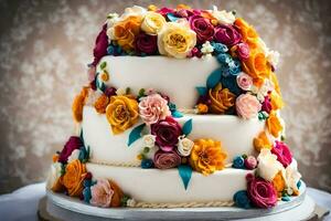 a wedding cake with colorful flowers on top. AI-Generated photo