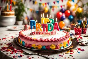 a birthday cake with candles and colorful letters. AI-Generated photo