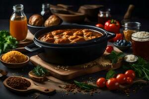 chicken curry in a pot with vegetables and spices. AI-Generated photo