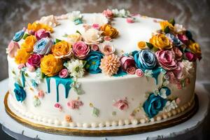 a cake decorated with colorful flowers on top. AI-Generated photo