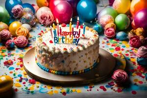 a birthday cake with candles and confetti. AI-Generated photo