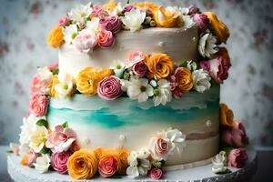 a three layer cake with colorful flowers on top. AI-Generated photo