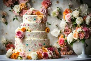 a wedding cake with colorful flowers on top. AI-Generated photo