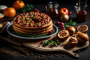 a cake with nuts and fruit on a table. AI-Generated photo