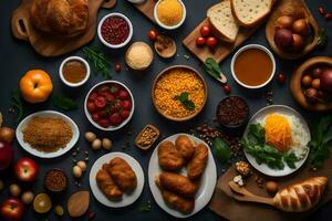 various foods are arranged on a table. AI-Generated photo