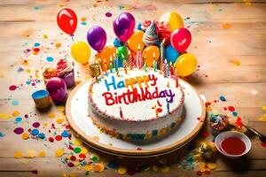 happy birthday cake with balloons and confetti on wooden background. AI-Generated photo