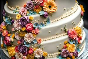 a wedding cake with colorful flowers on it. AI-Generated photo