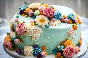 a blue cake with colorful flowers on top. AI-Generated photo