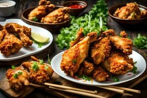 chicken wings on a wooden table with chopsticks. AI-Generated photo