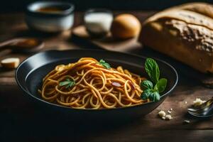 spaghetti in a bowl with bread and milk. AI-Generated photo