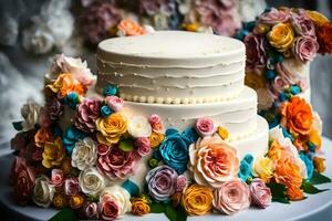 a three tiered cake with colorful flowers on top. AI-Generated photo