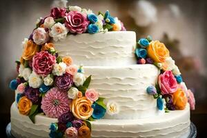 a three tiered cake with colorful flowers on top. AI-Generated photo