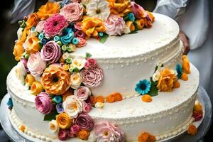 a wedding cake with colorful flowers on top. AI-Generated photo