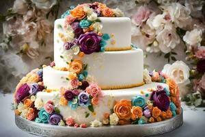 a three tiered cake with colorful flowers on top. AI-Generated photo
