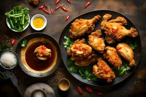 chicken wings with sauce and other ingredients on a table. AI-Generated photo